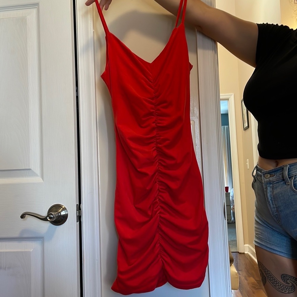 Red bodycon soft ruched mini dress. Size Medium (US - 6, EU - 38).